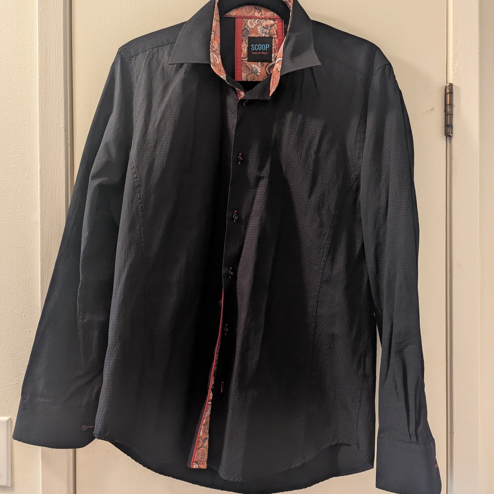 Scoop NYC Black Dress Shirt with Paisley Trim